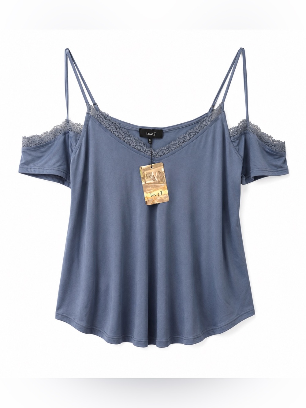 Love J Cold Shoulder Lace Trim Cami Top Blue Gray Size Small NWT Flowy